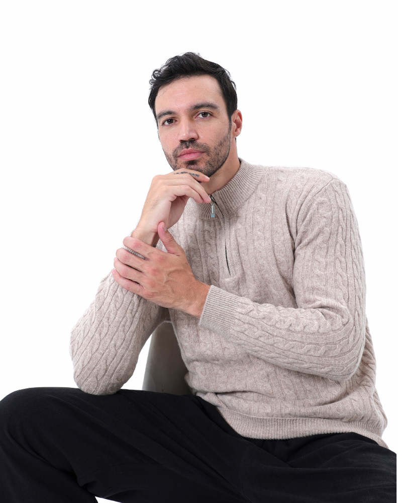100% CASHMERE WOVEN HALF ZIP