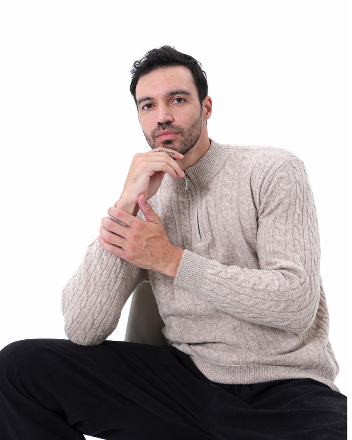 100% CASHMERE WOVEN HALF ZIP