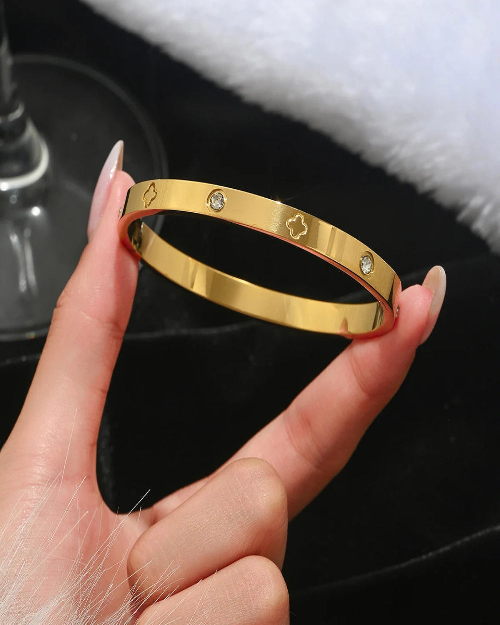 Golden Clover Bangle with Zirconia